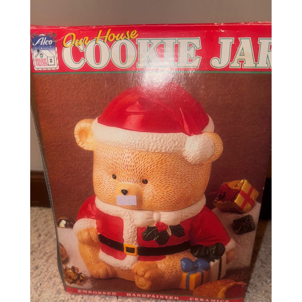 Alco Holiday Values Teddy Bear Cookie Jar Santa Suit Hand Painted Ceramic 10in